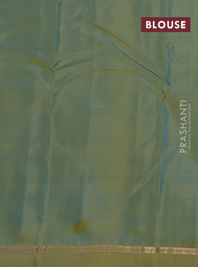 Kanchipuram silk saree teal blue and mustard yellow with zari woven buttas and zari woven simple border