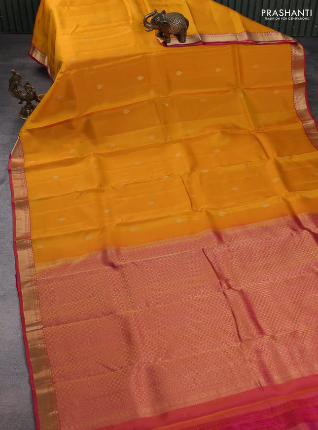 Kanchipuram silk saree mango yellow and pink with zari woven buttas and zari woven border