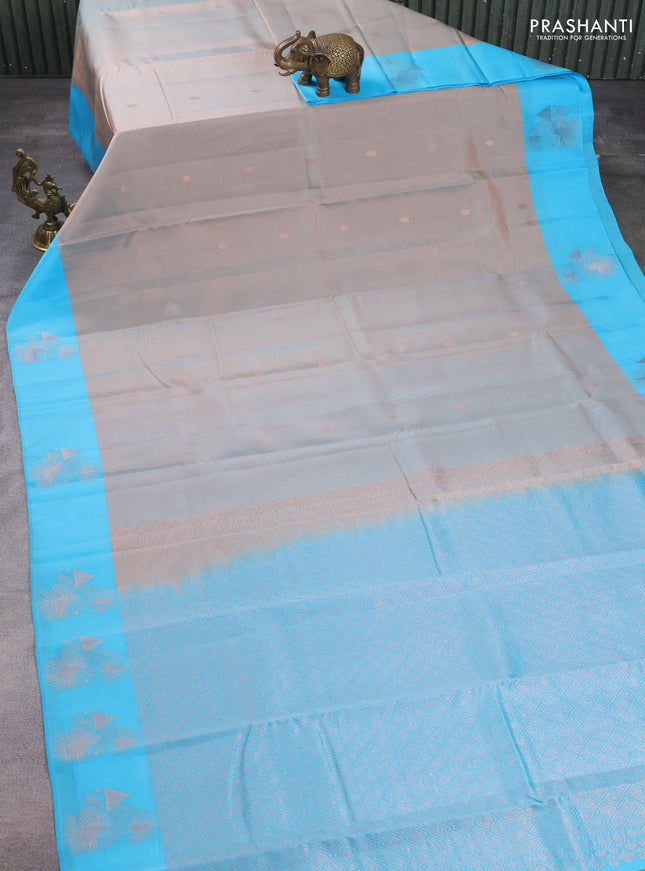 Kanchipuram silk saree beige and teal blue with copper zari woven buttas and copper zari woven butta border