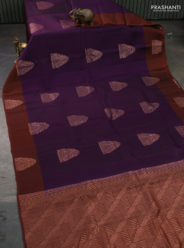 Kanchipuram silk saree violet and rust shade with copper zari woven buttas and copper zari woven butta border