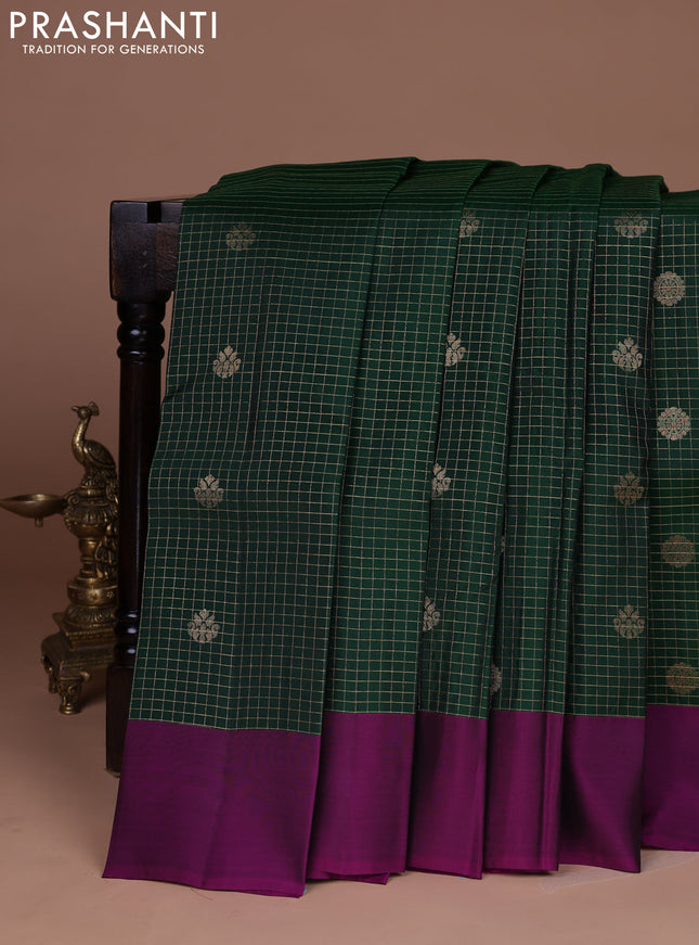 Kanchipuram silk saree bottle green and purple with allover zari checked pattern & buttas and simple border