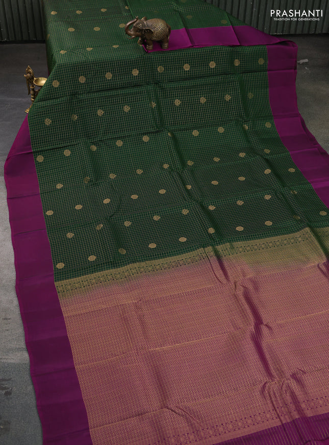 Kanchipuram silk saree bottle green and purple with allover zari checked pattern & buttas and simple border