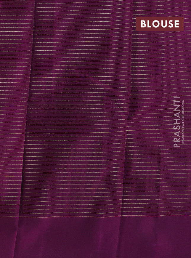 Kanchipuram silk saree bottle green and purple with allover zari checked pattern & buttas and simple border