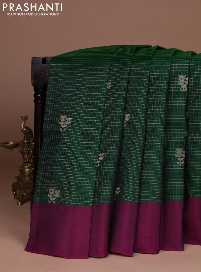 Kanchipuram silk saree bottle green and purple with allover zari checked pattern & buttas and simple border