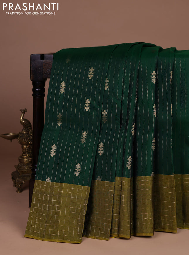 Kanchipuram silk saree bottle green and mehendi green with allover zari weaves and zari woven border