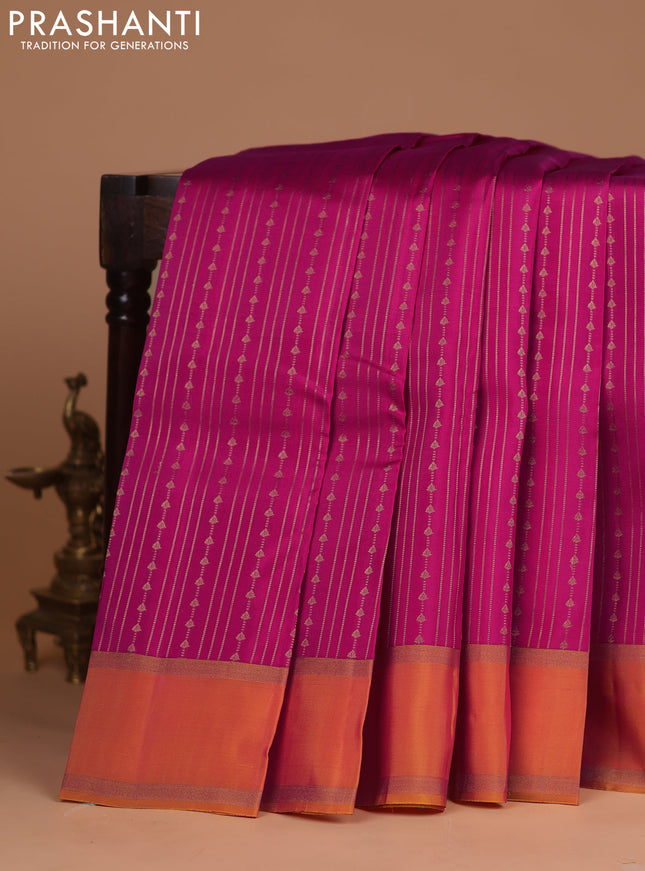 Kanchipuram silk saree pink and orange with allover zari weaves and rettapet zari woven border