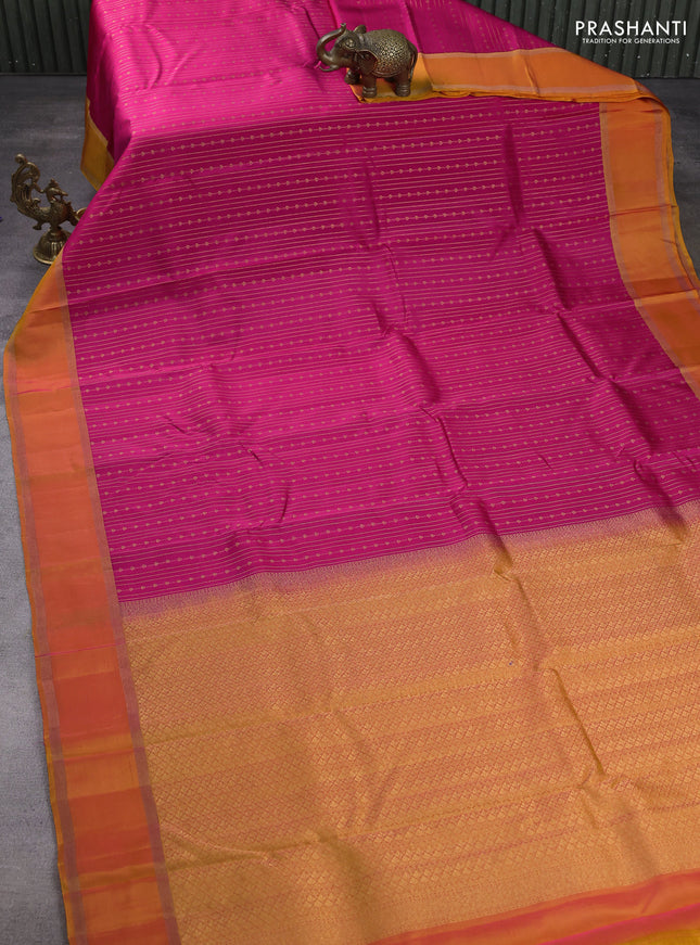 Kanchipuram silk saree pink and orange with allover zari weaves and rettapet zari woven border