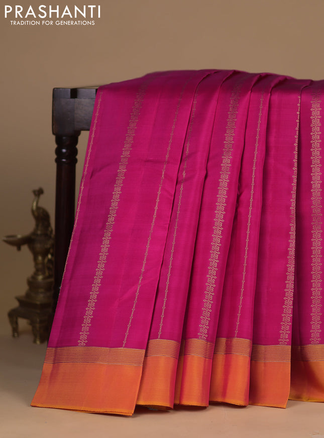 Kanchipuram silk saree pink and dual shade of yellowish pink with allover zari weaves and zari woven simple border
