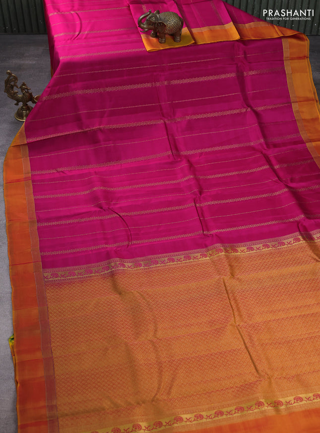 Kanchipuram silk saree pink and dual shade of yellowish pink with allover zari weaves and zari woven simple border