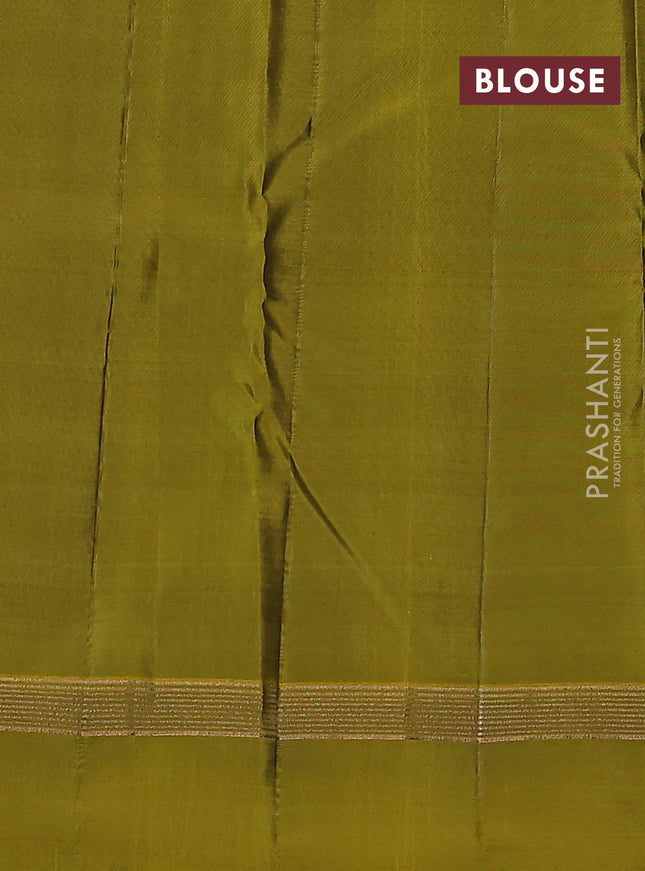 Kanchipuram silk saree green and dark mustard with allover zari weaves and zari woven simple border