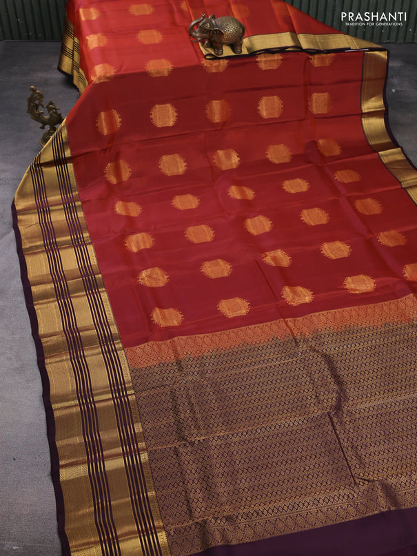Kanchipuram silk saree rustic orange and wine shade with zari woven buttas and long zari woven border