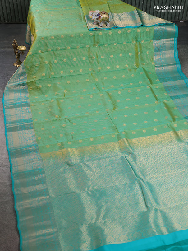Kanchipuram silk saree teal green shade and teal blue with allover zari weaves & buttas and zari woven border