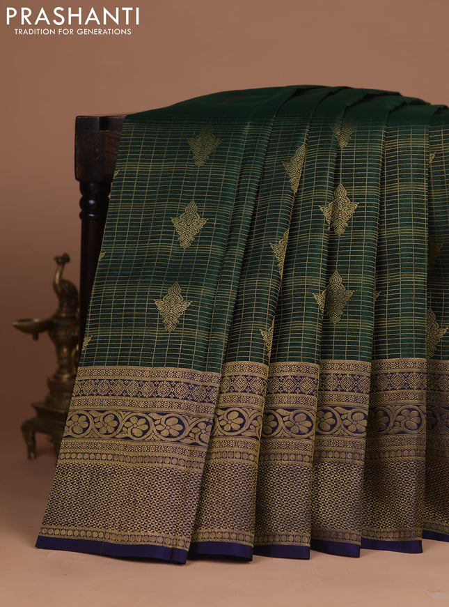 Kanchipuram silk saree bottle green and navy blue with allover zari checked pattern & buttas and long zari woven border