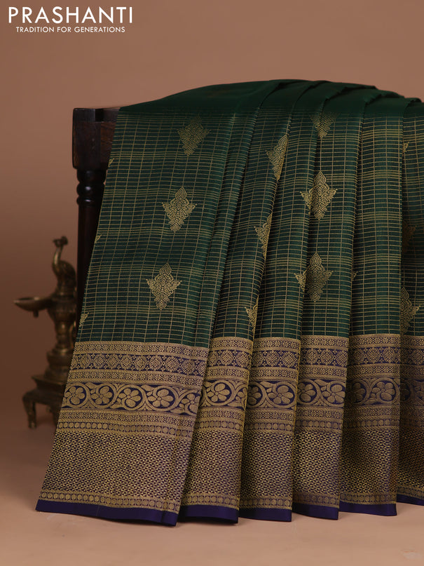 Kanchipuram silk saree bottle green and navy blue with allover zari checked pattern & buttas and long zari woven border