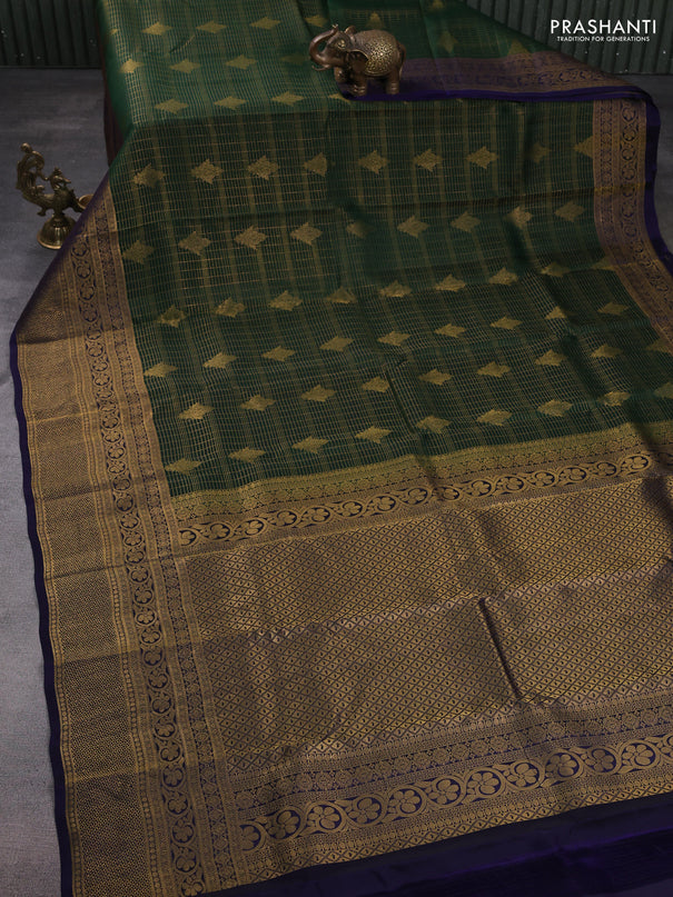 Kanchipuram silk saree bottle green and navy blue with allover zari checked pattern & buttas and long zari woven border