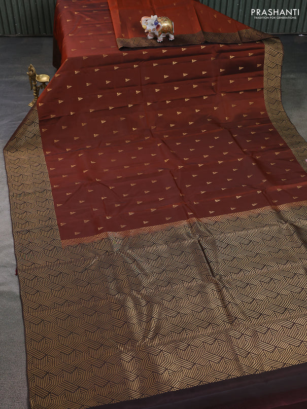 Kanchipuram silk saree rustic orange and coffee brown with zari woven buttas and zari woven korvai border