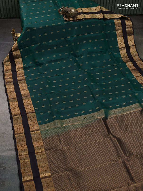 Kanchipuram silk saree bottle green and coffee brown with allover zari woven buttas and rettapet zari woven border