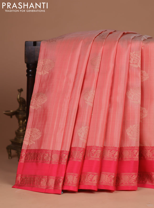 Kanchipuram silk saree peach shade and pink with allover zari weaves & zari woven buttas and rettapet zari woven border