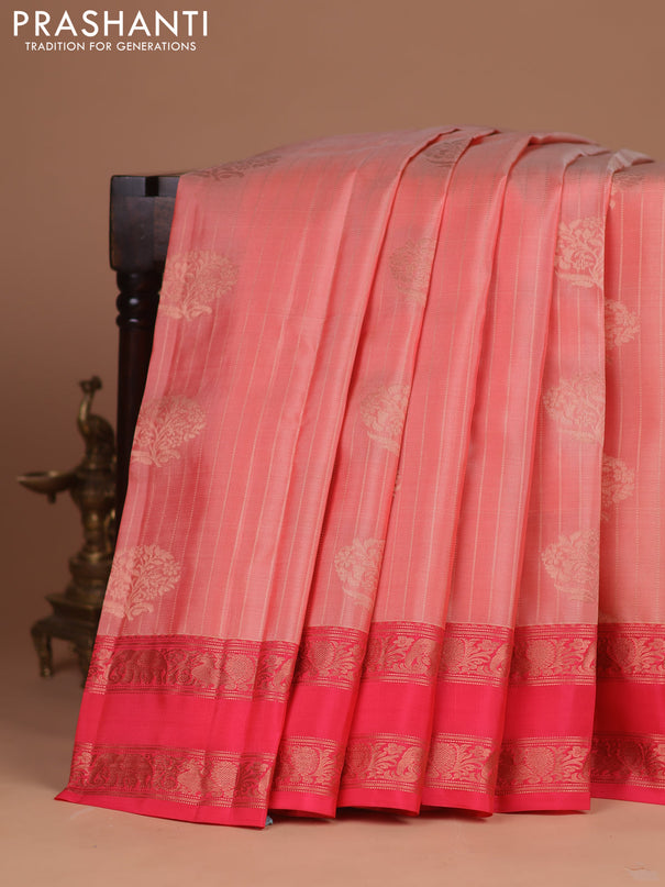 Kanchipuram silk saree peach shade and pink with allover zari weaves & zari woven buttas and rettapet zari woven border