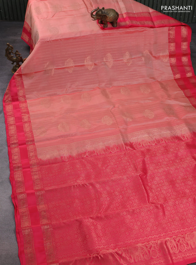 Kanchipuram silk saree peach shade and pink with allover zari weaves & zari woven buttas and rettapet zari woven border