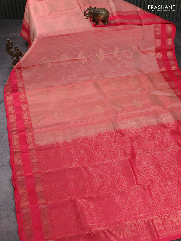 Kanchipuram silk saree peach shade and pink with allover zari weaves & zari woven buttas and rettapet zari woven border