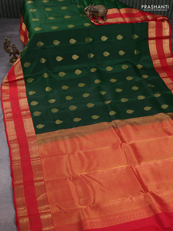 Kanchipuram silk saree bottle green and red with zari woven buttas and rettapet zari woven korvai border