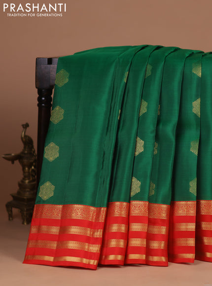 Kanchipuram silk saree green and orange with zari woven buttas and zari woven korvai border