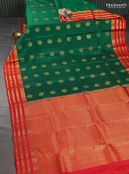 Kanchipuram silk saree green and orange with zari woven buttas and zari woven korvai border