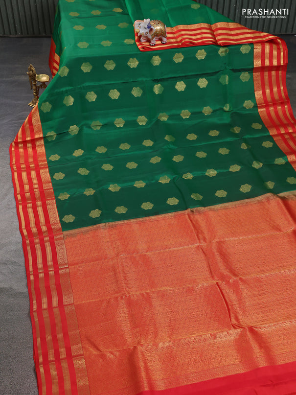 Kanchipuram silk saree green and orange with zari woven buttas and zari woven korvai border