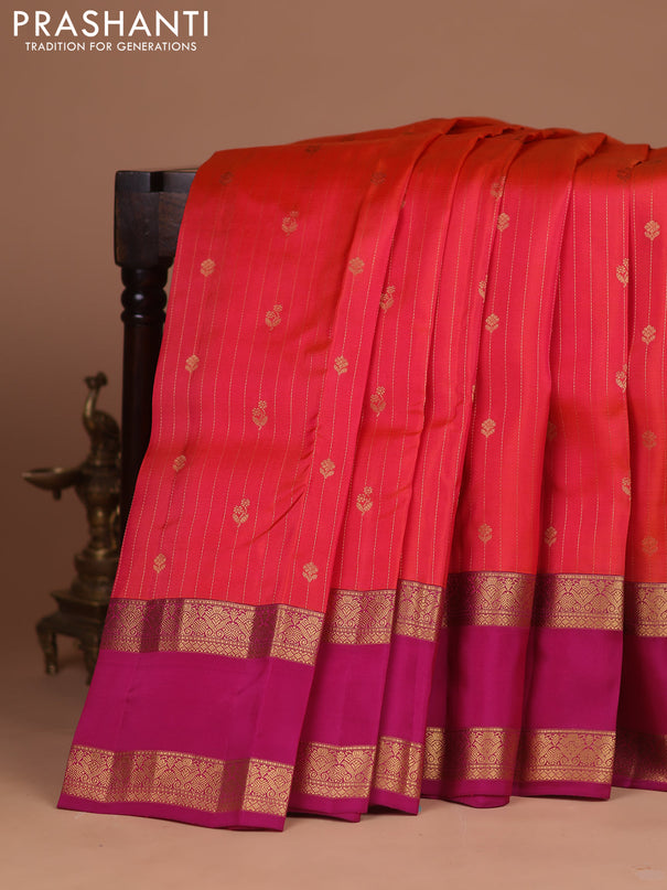 Kanchipuram silk saree dual shade of peach pink and purple with allover zari weaves & buttas and rettapet zari woven border