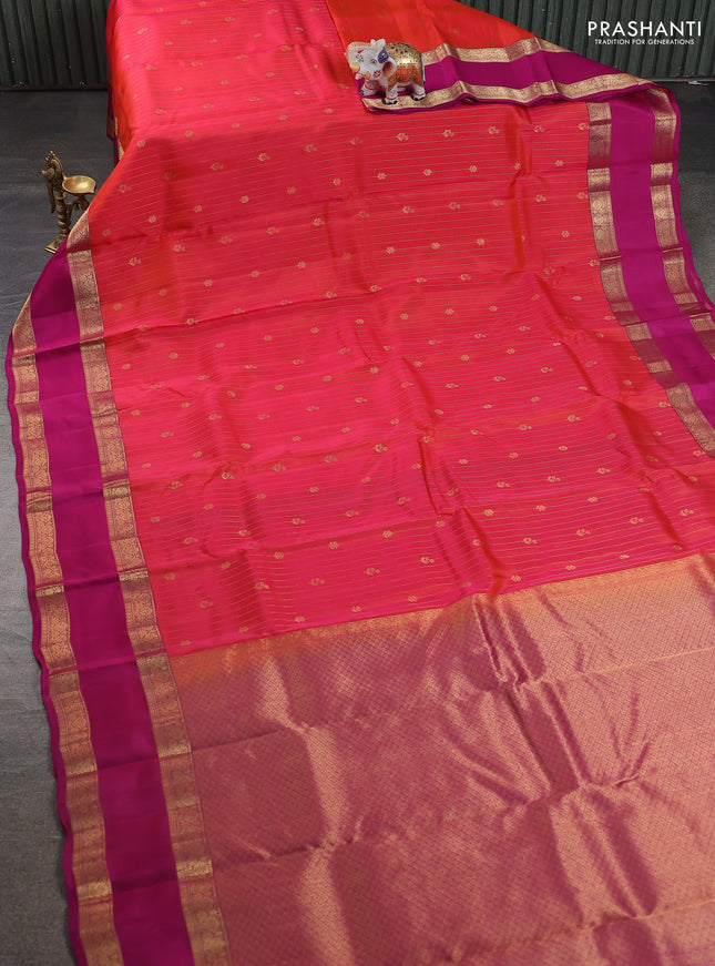 Kanchipuram silk saree dual shade of peach pink and purple with allover zari weaves & buttas and rettapet zari woven border