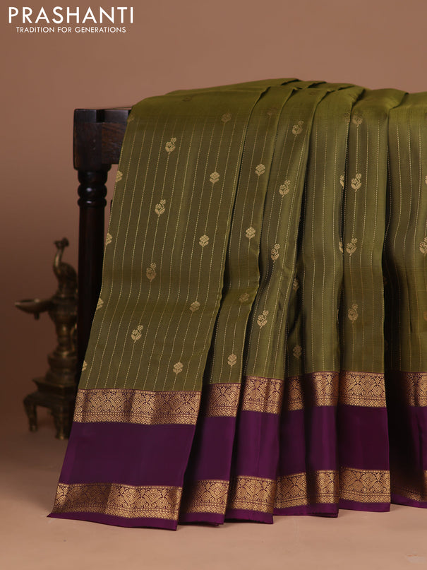 Kanchipuram silk saree mehendi green and purple with allover zari weaves & buttas and rettapet zari woven border