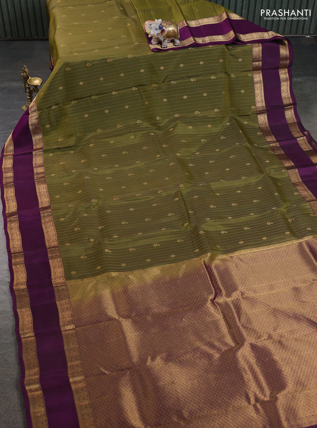 Kanchipuram silk saree mehendi green and purple with allover zari weaves & buttas and rettapet zari woven border
