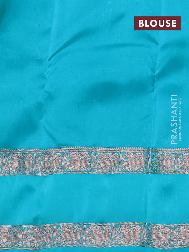 Kanchipuram silk saree teal green and teal blue with allover copper zari weaves & buttas and rettapet copper zari woven border