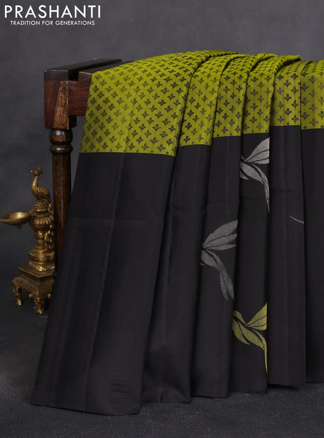 Pure soft silk saree mehendi green and black with allover thread woven brocade weaves and long zari woven bird butta border