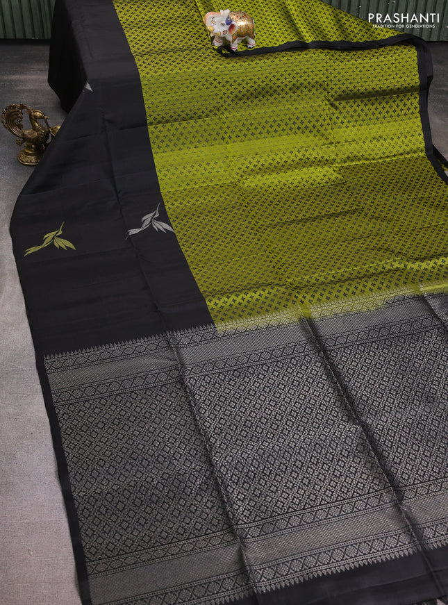 Pure soft silk saree mehendi green and black with allover thread woven brocade weaves and long zari woven bird butta border