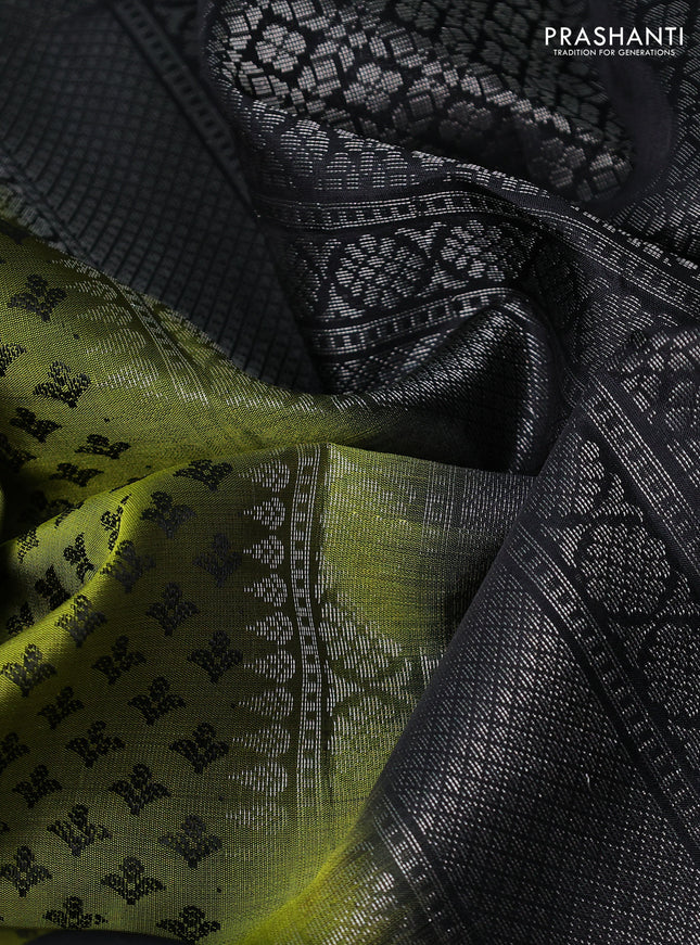 Pure soft silk saree mehendi green and black with allover thread woven brocade weaves and long zari woven bird butta border