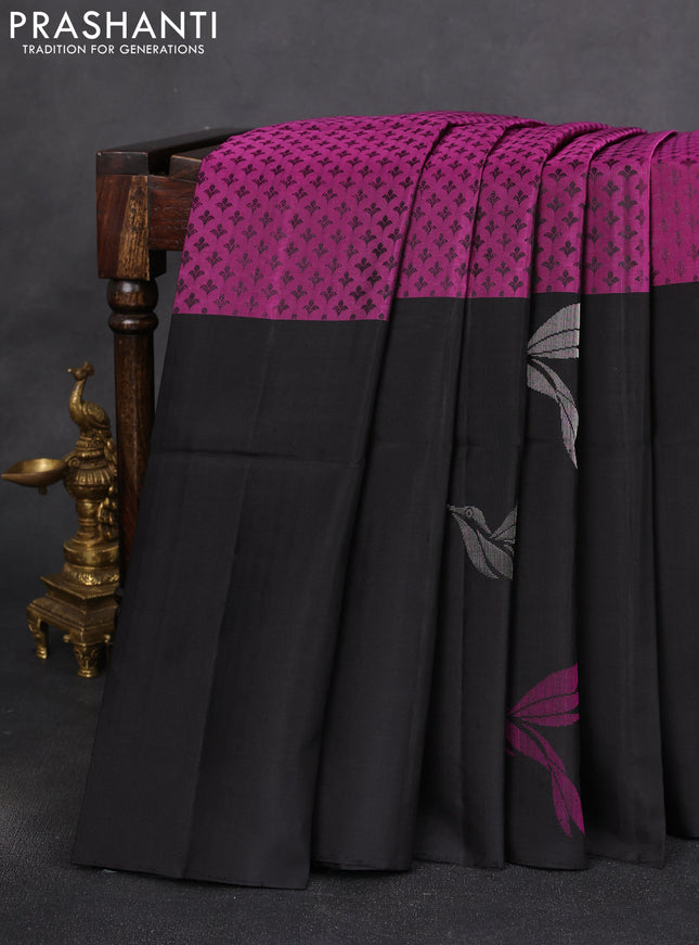 Pure soft silk saree magenta pink and black with allover thread woven brocade weaves and long zari woven bird butta border