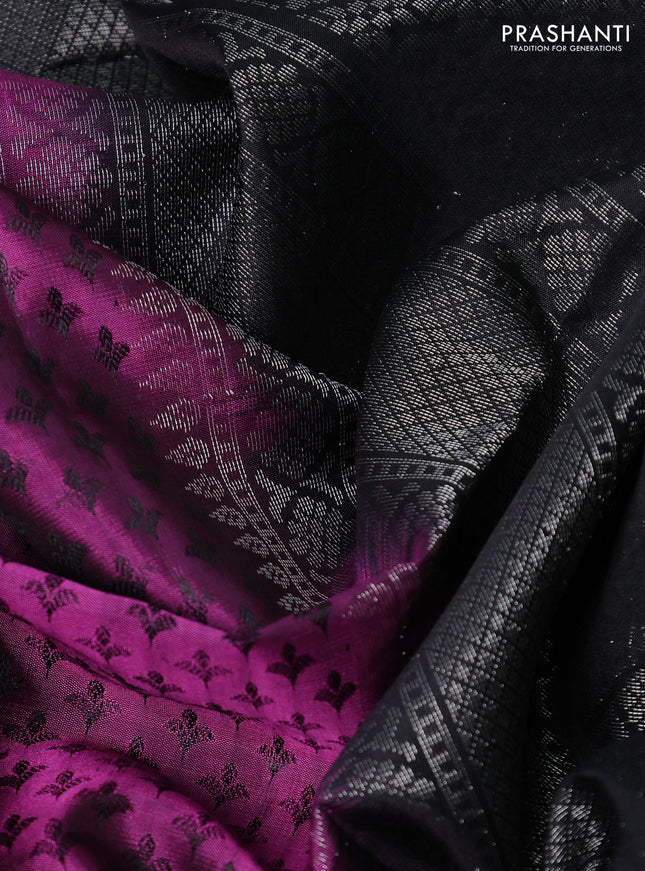 Pure soft silk saree magenta pink and black with allover thread woven brocade weaves and long zari woven bird butta border
