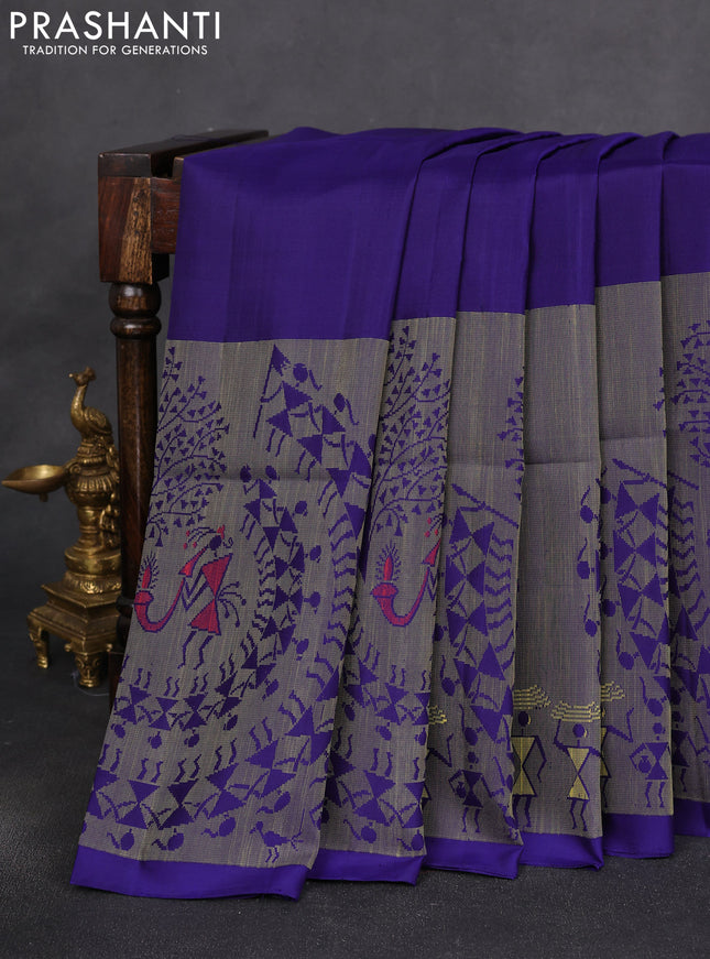 Pure soft silk saree blue with plain body and long thread woven warli design border