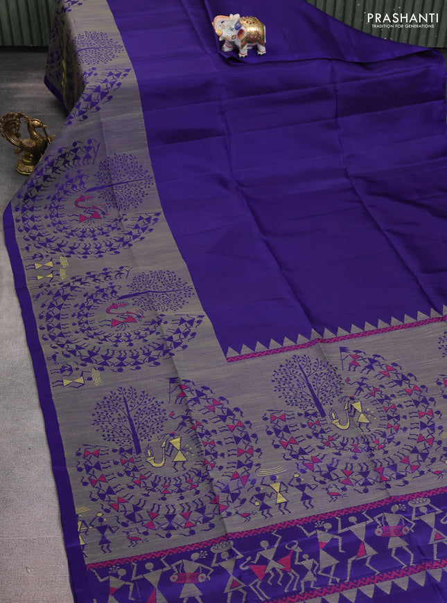 Pure soft silk saree blue with plain body and long thread woven warli design border