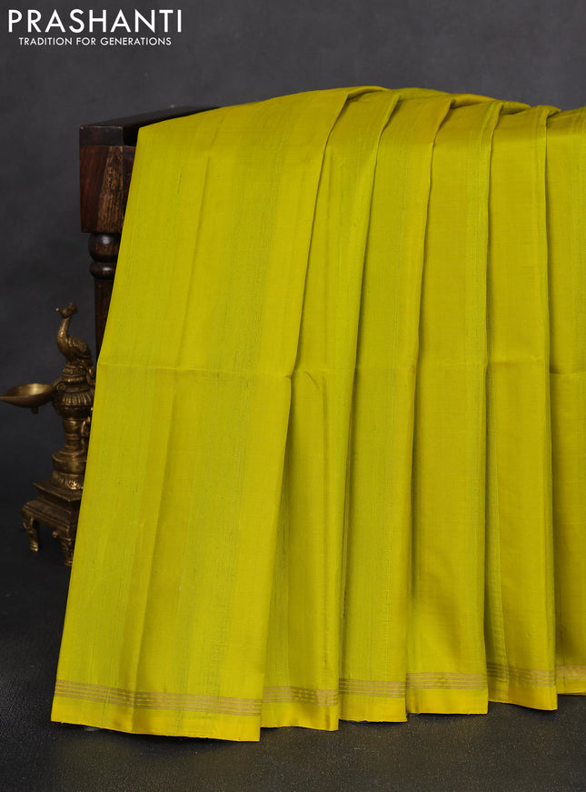 Pure soft silk saree lime green and black with allover jute finish and small zari woven border