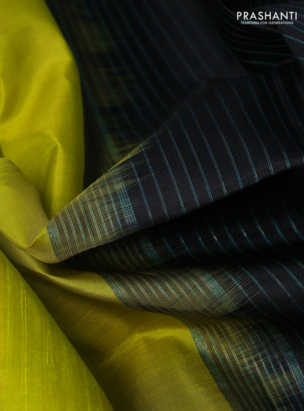 Pure soft silk saree lime green and black with allover jute finish and small zari woven border