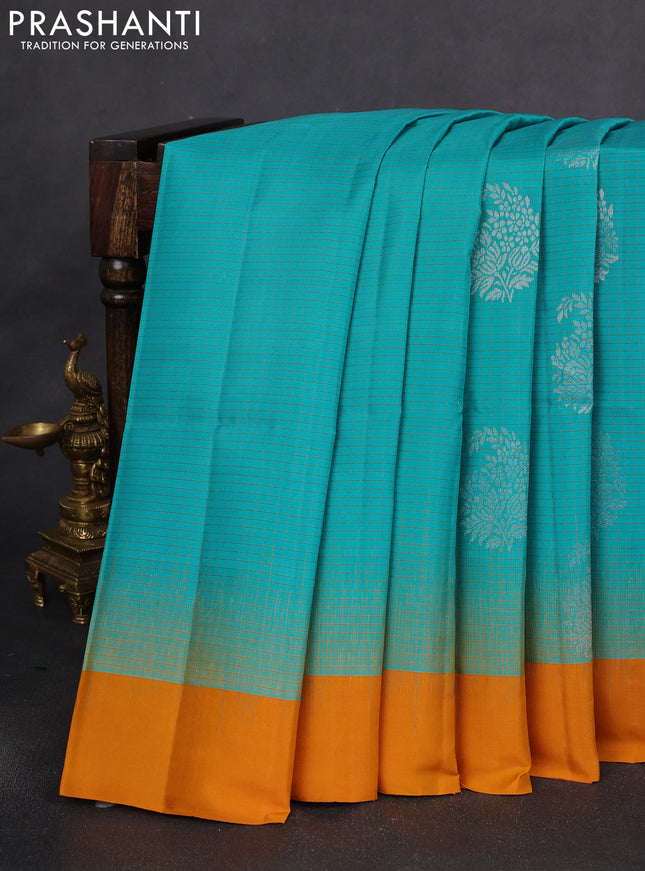 Pure soft silk saree teal blue and dark mustard with allover small checks & silver zari buttas and simple border