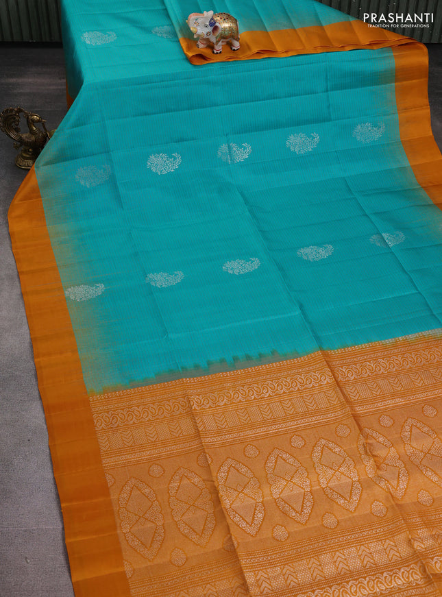 Pure soft silk saree teal blue and dark mustard with allover small checks & silver zari buttas and simple border