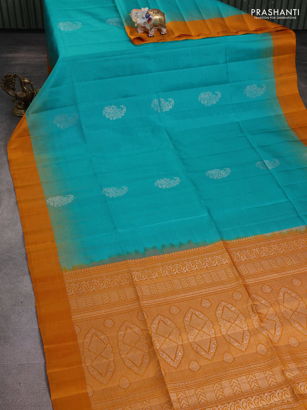 Pure soft silk saree teal blue and dark mustard with allover small checks & silver zari buttas and simple border