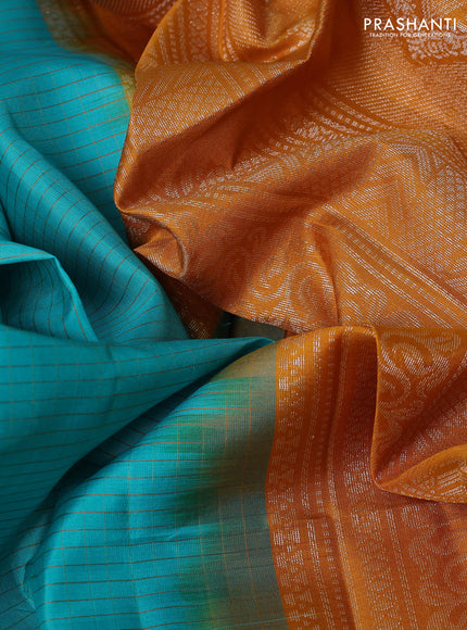 Pure soft silk saree teal blue and dark mustard with allover small checks & silver zari buttas and simple border