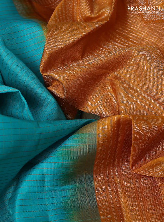Pure soft silk saree teal blue and dark mustard with allover small checks & silver zari buttas and simple border
