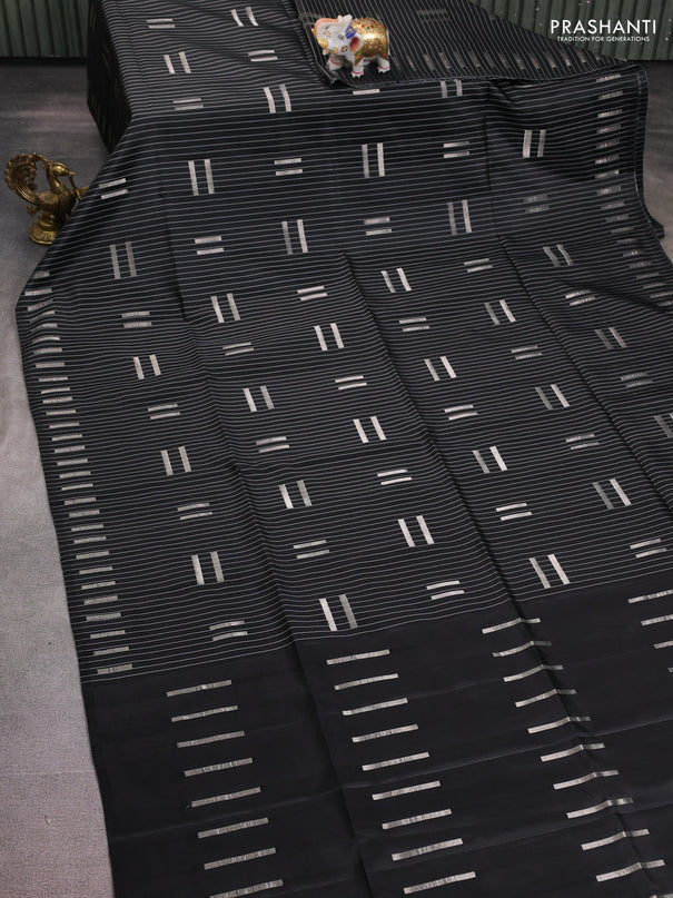Pure soft silk saree black with allover stripe pattern & zari buttas and zari woven butta border