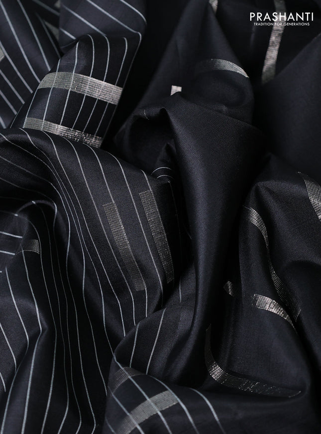 Pure soft silk saree black with allover stripe pattern & zari buttas and zari woven butta border